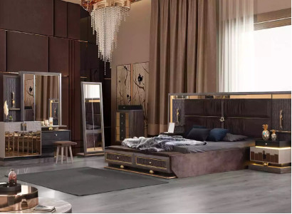 Bedroom Complete e Double bed Set 6pcs Brown Fabric Bed Modern Console